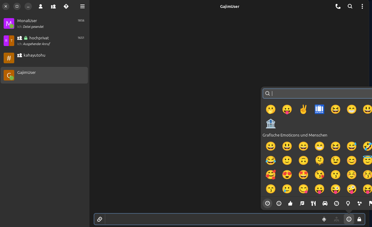 DinoX emoji picker with categorized emoji selection