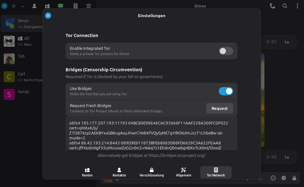 DinoX integrated Tor settings with connection toggle